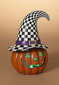 10 Inch Lighted Halloween Pumpkin With Witch Hat