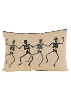 Tan Rectangle 18" Halloween Pillow With Beaded Skeletons