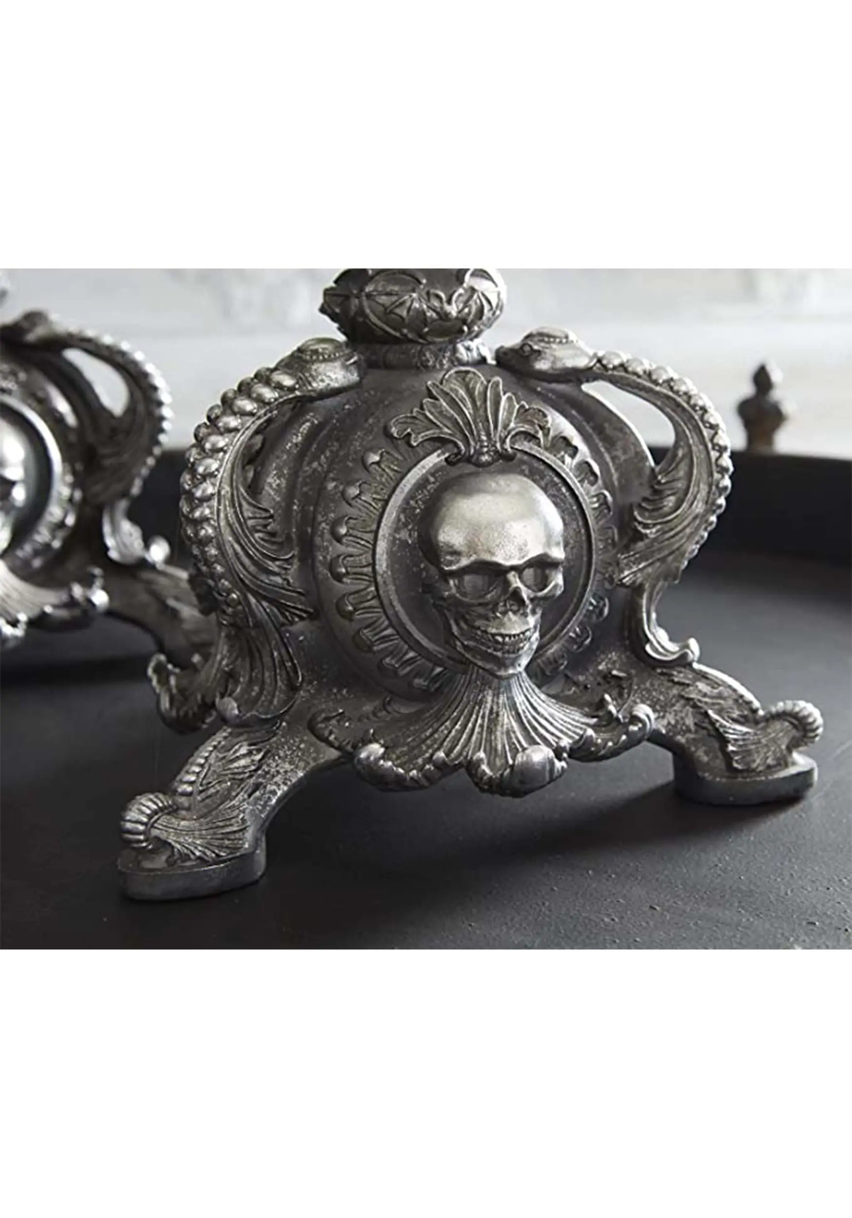 20.5 Inch Silver Resin Skull & Bat Candle Holder 2 20.5 Inch Silver Resin Skull & Bat Candle Holder - Image 2