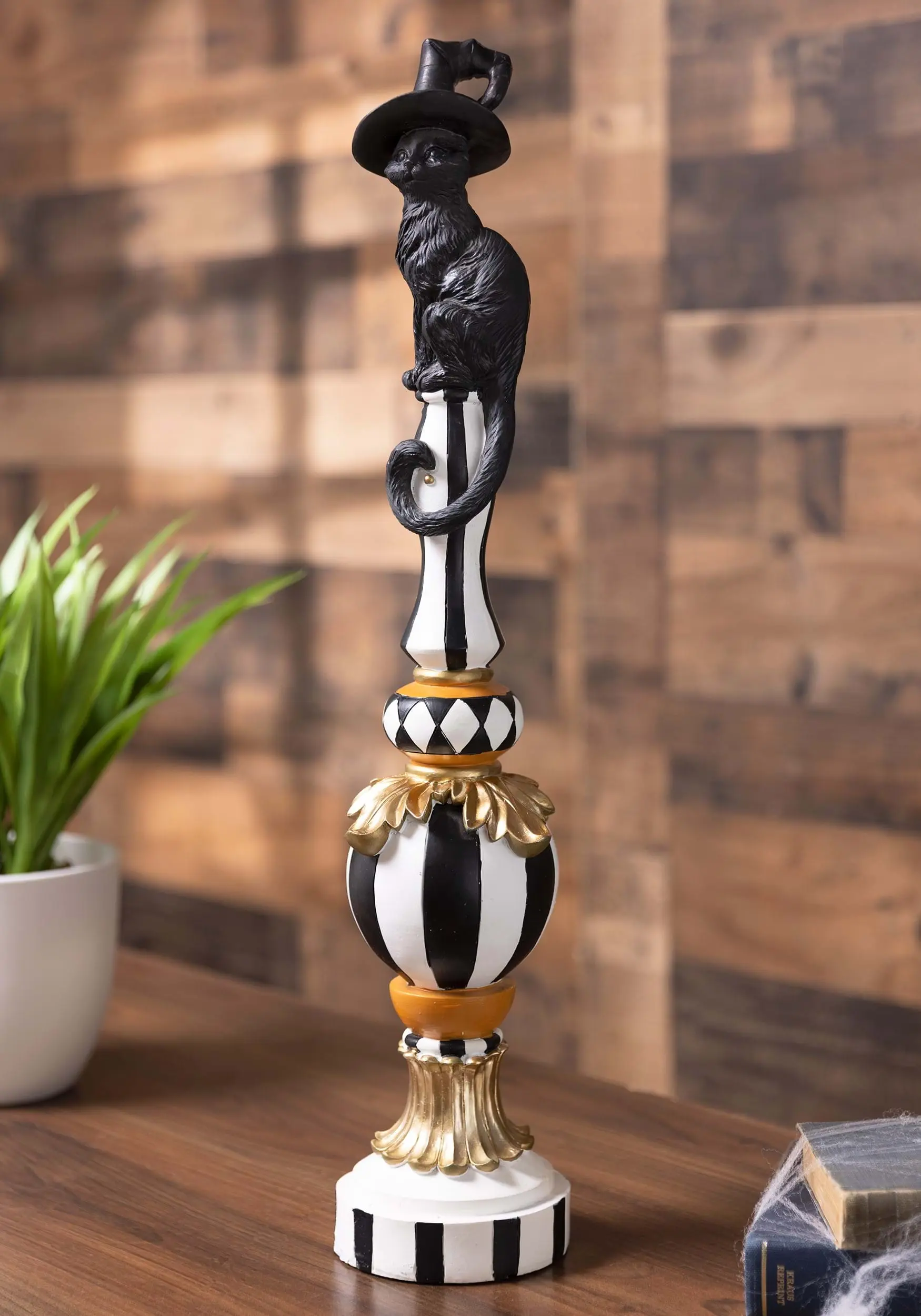24 Inch Black, White And Orange Finial Decor With Cat 1 24 Inch Black, White And Orange Finial Decor With Cat