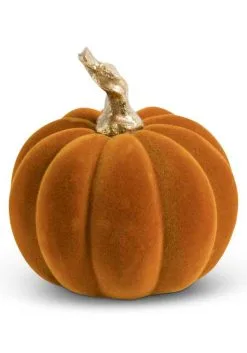 3.5" Velvet Orange Pumpkin With Twisted Gold Stem