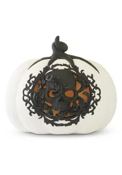 7.75" White And Black LED Pumpkin With Filigree And Skull