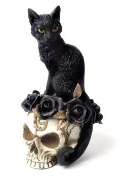 7" Black Cat Sitting Skull Decoration