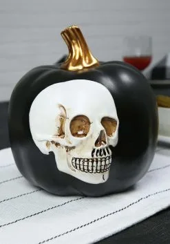 8.5" Black Pumpkin W/Embossed Skull