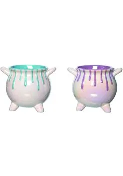 Set Of Two Iridescent Drip Ceramic Halloween Cauldron Container Decorations
