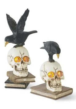 Set Of 2 Resin LED Skull On Books With Crow Halloween Figurines