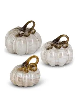 Set Of 3 White & Gold Glass Pumpkins