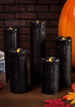 Set Of 5 Black Glitter LED Candles