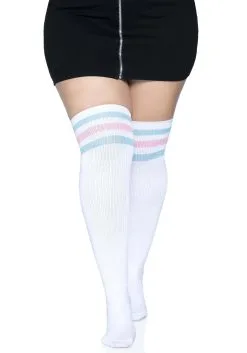 Women's Plus Size White Athletic Socks With Pink And Blue Stripes -Halloween Costumes Shop womens plus white athletic socks with pink and blue alt 2