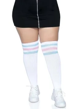 Women's Plus Size White Athletic Socks With Pink And Blue Stripes